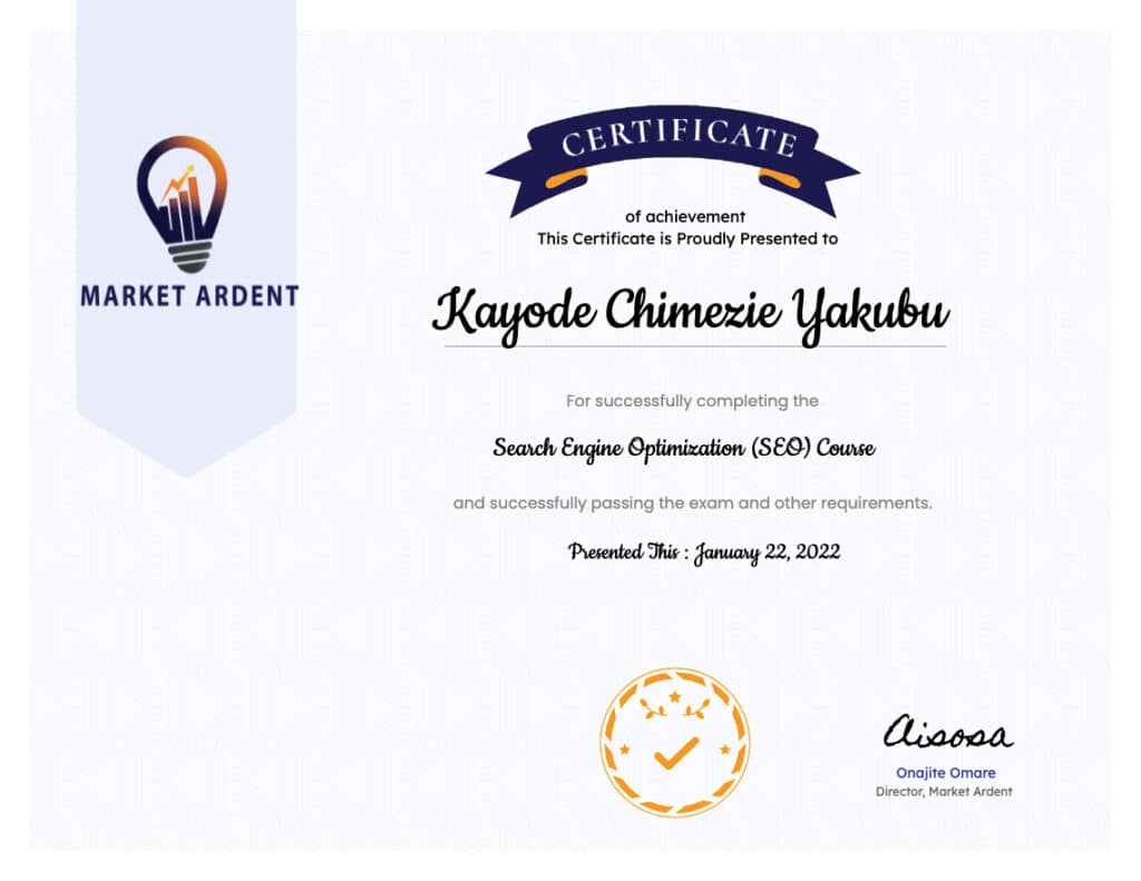 a certificate from Market Ardent (DMTNigeria)