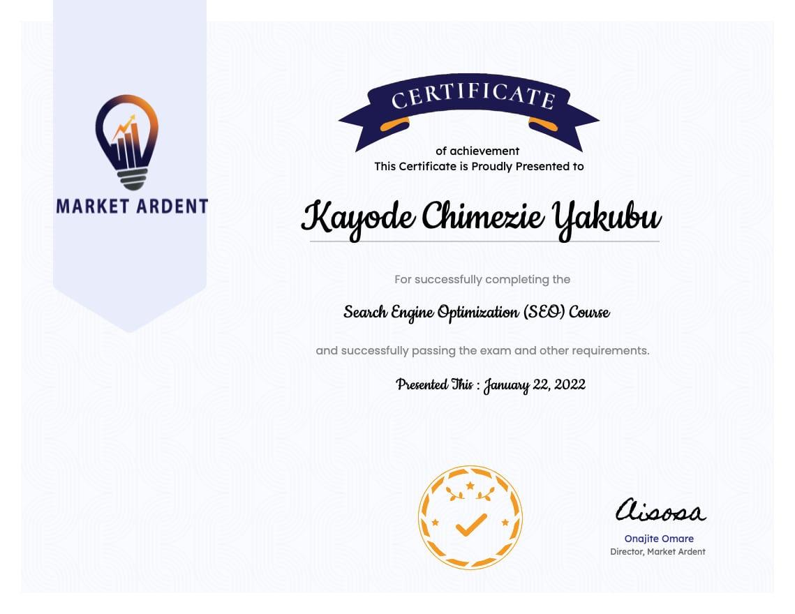 a certificate from Market Ardent (DMTNigeria) to show the best digital marketing courses in Nigeria