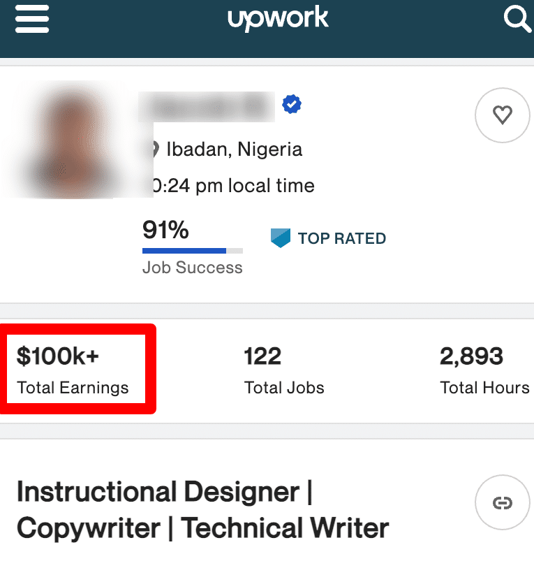 a content writing freelancer on upwork from nigeria that has earned over $100,000
