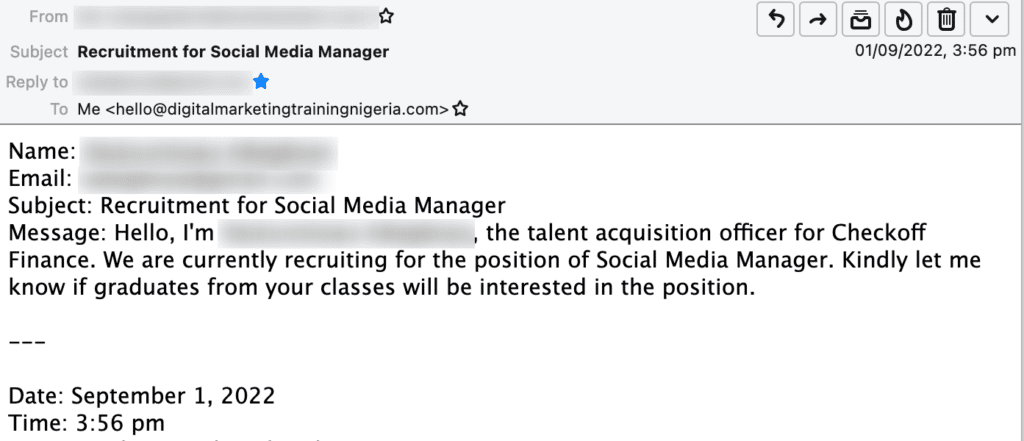 a screenshot of an email from a recruitment company looking to hire digital marketing students of DMT Nigeria